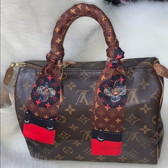 Brown & Red Flower Monogram Leopard Scarf Twilly​​​ - Picture 1 of 8